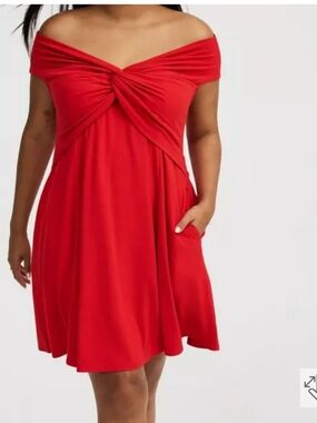 Torrid Off-Shoulder Twist Front Ribbed Red Dress Sz , R